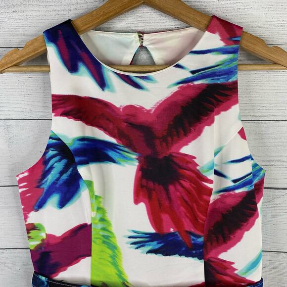 Eliza J Womens size 10 P Floral Bird Dress Belted Tulle Lined Cutout Fit & Flare - Picture 5 of 15